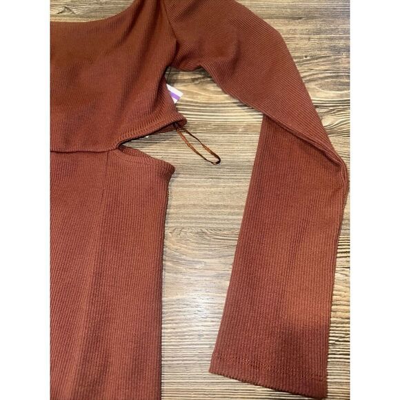 Open Edit Ribbed Cutout Mini Dress Size Small Long Sleeve Women Brown Chino. 7 - Picture 2 of 8